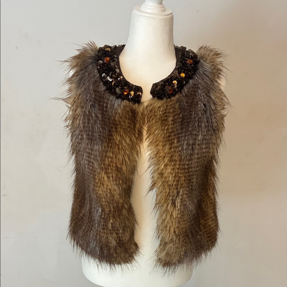 Express Faux Fur Vest with Sequin Detail